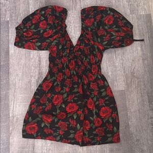 Old Navy Red Floral Dress with Puff Sleeves
